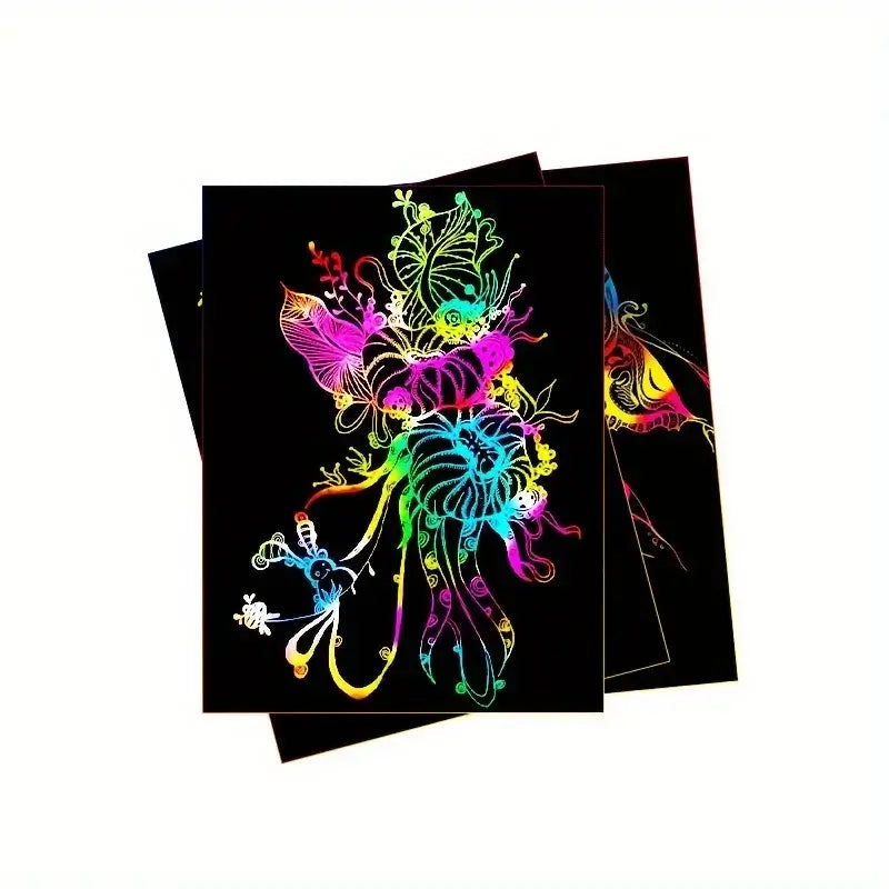 Colorful scratch paper sheets featuring intricate designs on a black background, suitable for kids' art projects.