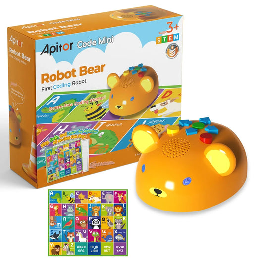 Orange robot bear toy with LED lights, buttons on top, and colorful packaging featuring educational graphics.