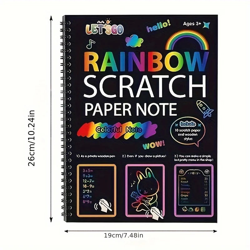 Large black spiral-bound notebook featuring colorful text and illustrations, labeled 'Rainbow Scratch Paper Note'.