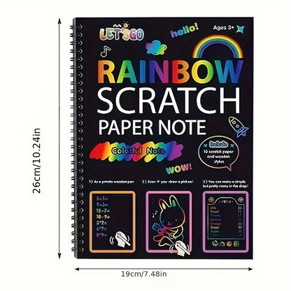 Large black spiral-bound notebook featuring colorful text and illustrations, labeled 'Rainbow Scratch Paper Note'.