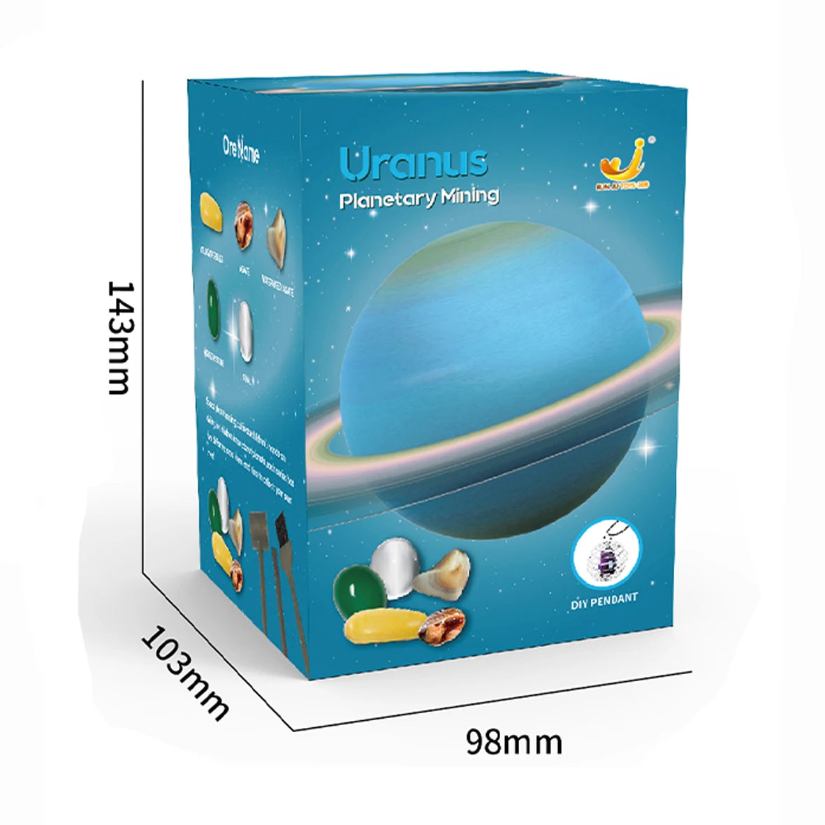 Box for Uranus planetary mining toy featuring a blue planet graphic and various colored gems.