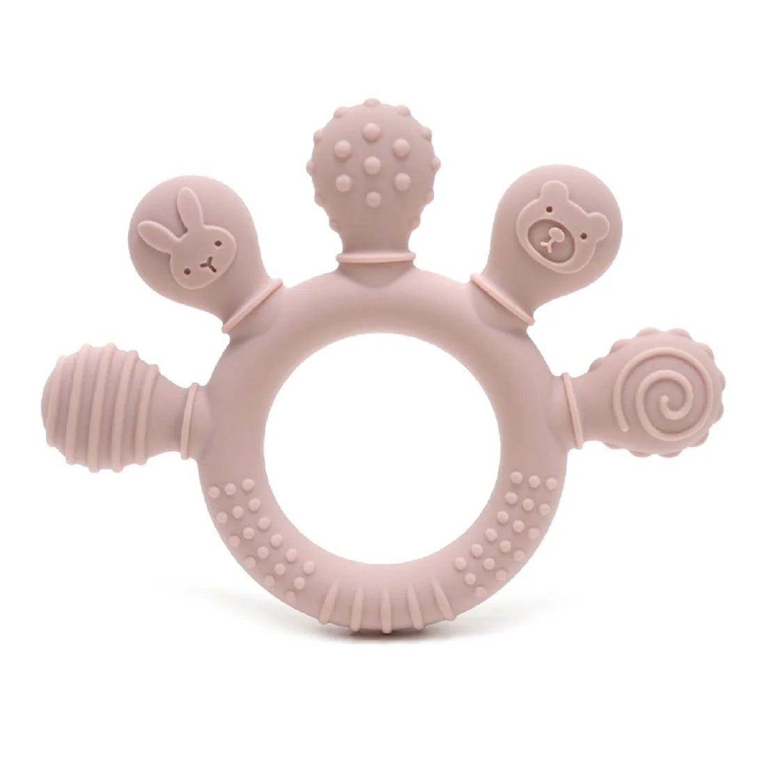 Blush pink silicone baby teether with various textured shapes, including a bunny and bear design, for sensory relief.
