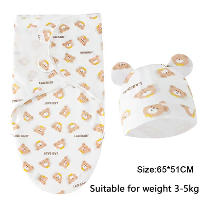 Baby Blanket Hat Set Cartoon Printed Cotton Newborn Swaddle Adjustable Infant Sleeping Swaddle Wraps All Seasons 0-6 Months