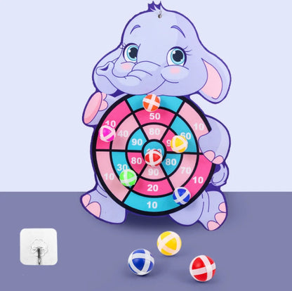 Cartoon elephant dart board with colorful sticky balls in red, yellow, blue, and white, designed for kids.