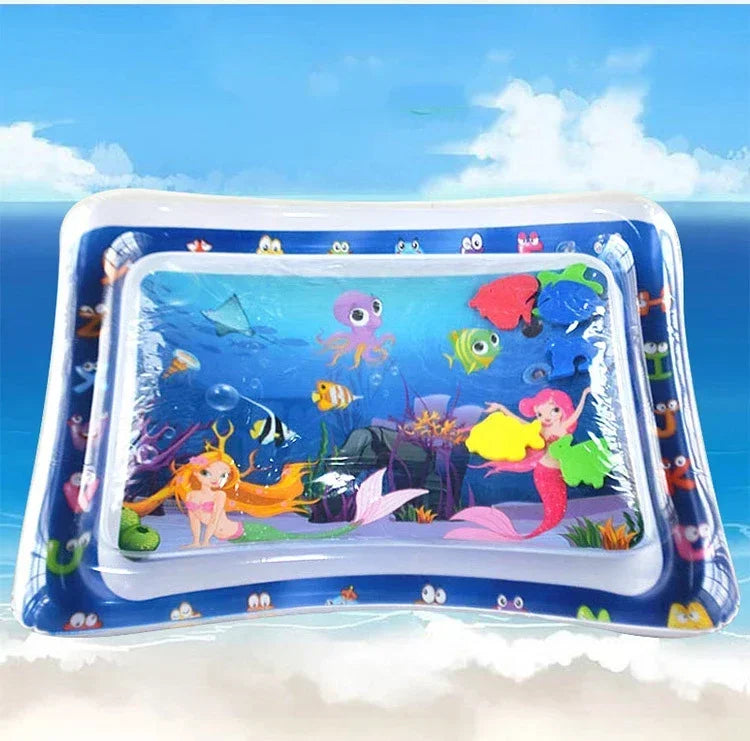 Inflatable baby water play mat with colorful underwater scene featuring mermaids and sea creatures.
