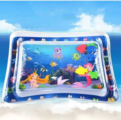Inflatable baby water play mat with colorful underwater scene featuring mermaids and sea creatures.