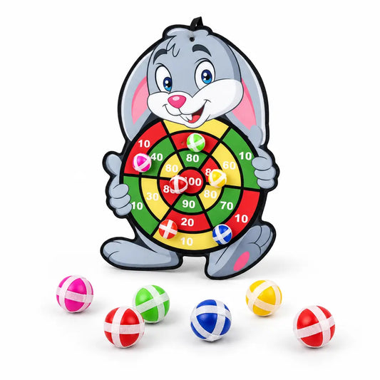 Children's dartboard with cartoon character design and measurement details on a white background