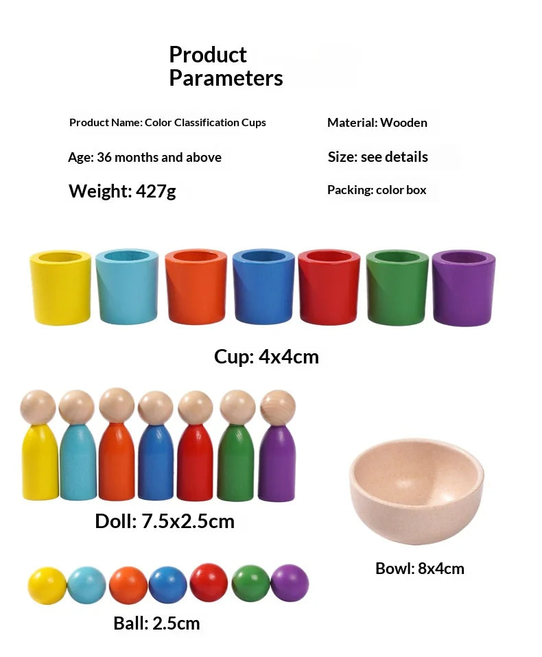 Set of seven colorful wooden sorting cups in various colors, with matching dolls, balls, and a bowl.