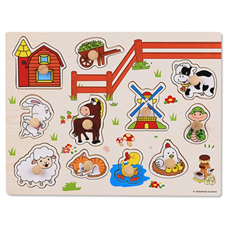 Wooden puzzle board featuring farm animals, a barn, and a windmill with colorful shapes and knobs for toddlers.