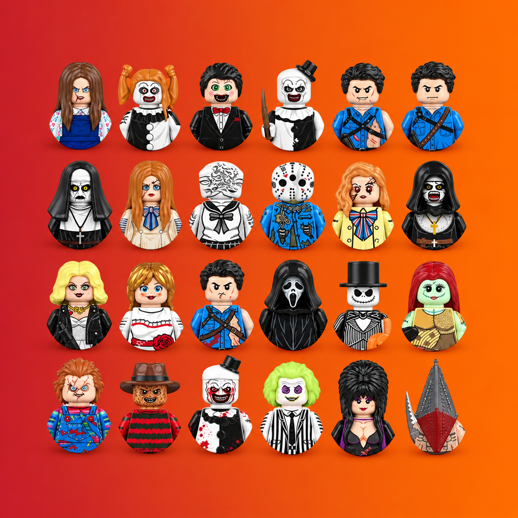 A grid of 24 stylized horror character busts on a solid orange background. The characters resemble movie villains and monsters, including a skeleton in a tuxedo, a ghost face, a hockey mask, a black-clothed figure, a woman with long red hair, a green-skinned figure, and others in colorful costumes.