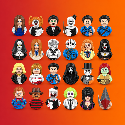 A grid of 24 stylized horror character busts on a solid orange background. The characters resemble movie villains and monsters, including a skeleton in a tuxedo, a ghost face, a hockey mask, a black-clothed figure, a woman with long red hair, a green-skinned figure, and others in colorful costumes.