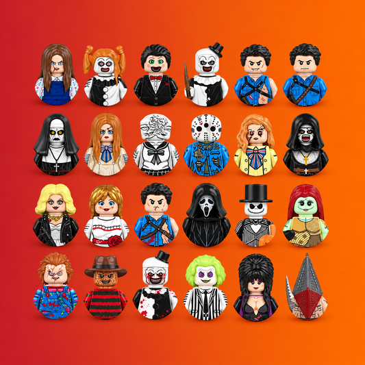 A grid of 24 stylized horror character busts on a solid orange background. The characters resemble movie villains and monsters, including a skeleton in a tuxedo, a ghost face, a hockey mask, a black-clothed figure, a woman with long red hair, a green-skinned figure, and others in colorful costumes.