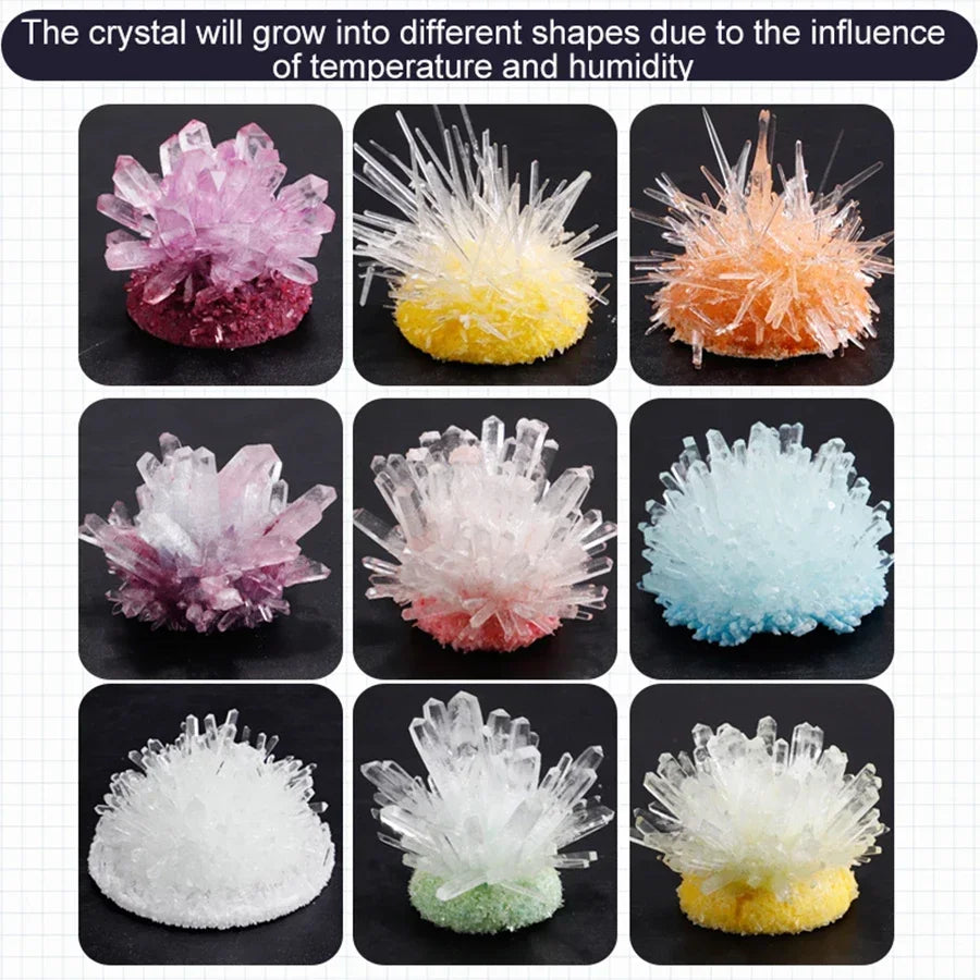 Nine colorful crystal formations in various shapes, displayed on a dark background, showcasing DIY growable crystals.
