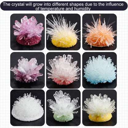 Nine colorful crystal formations in various shapes, displayed on a dark background, showcasing DIY growable crystals.
