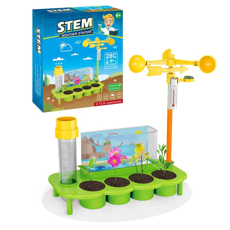 Colorful STEM weather station kit with plants, measuring tools, and a box featuring educational graphics.