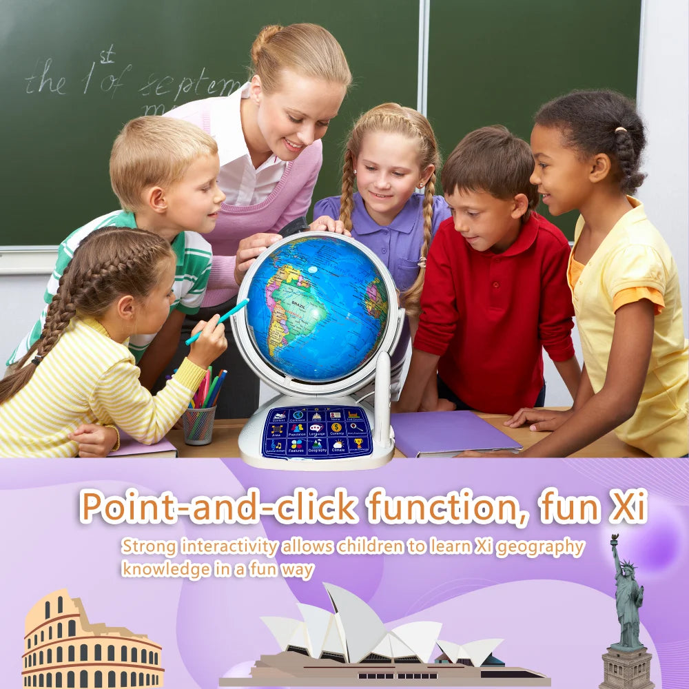 Colorful educational globe with LED lights, surrounded by children engaging in geography learning activities.