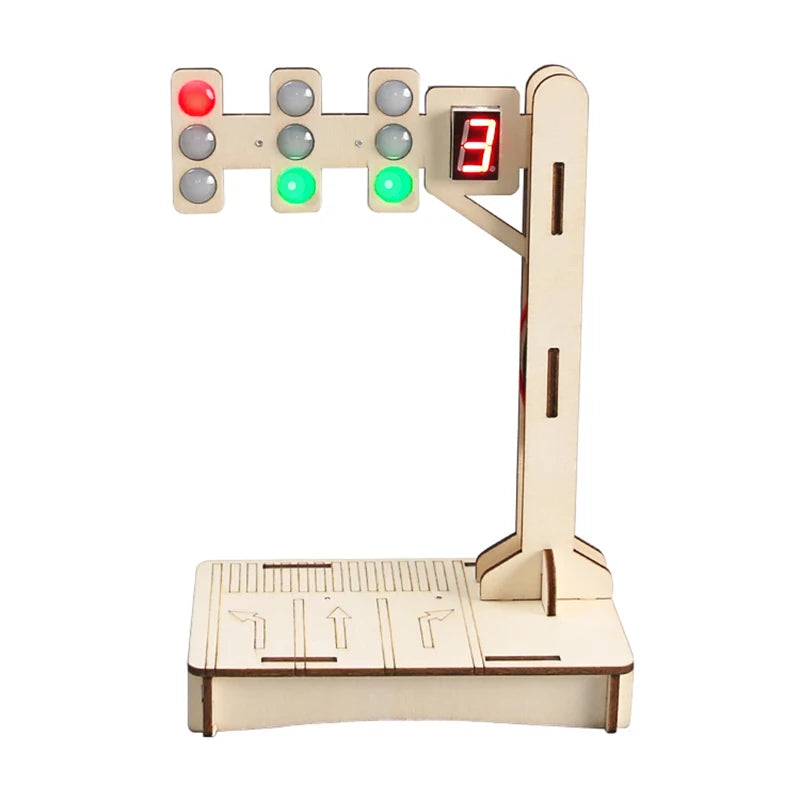 Wooden traffic signal model with red, yellow, and green lights, digital countdown display, and base for stability.