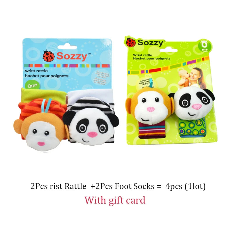 Four colorful baby wrist rattles and socks featuring animal designs, packaged with a gift card.