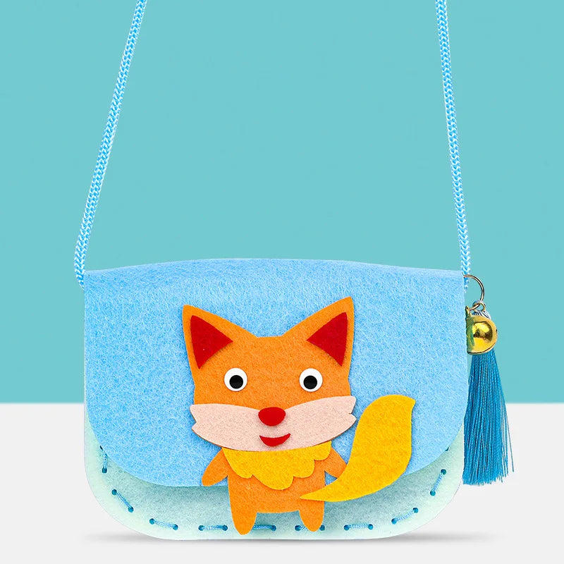 Blue non-woven fabric shoulder bag featuring a fox design with orange and yellow accents, decorated with a tassel.