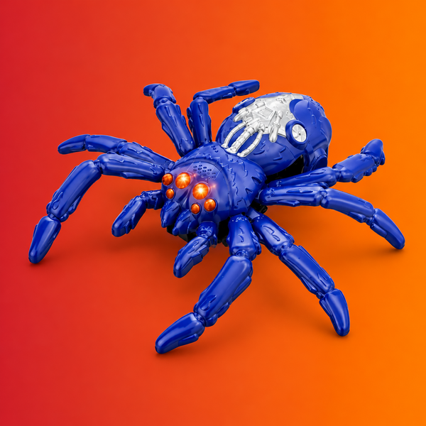 A blue robotic spider toy with glowing orange eyes and a white spider graphic on its abdomen, shown on a clean white background.