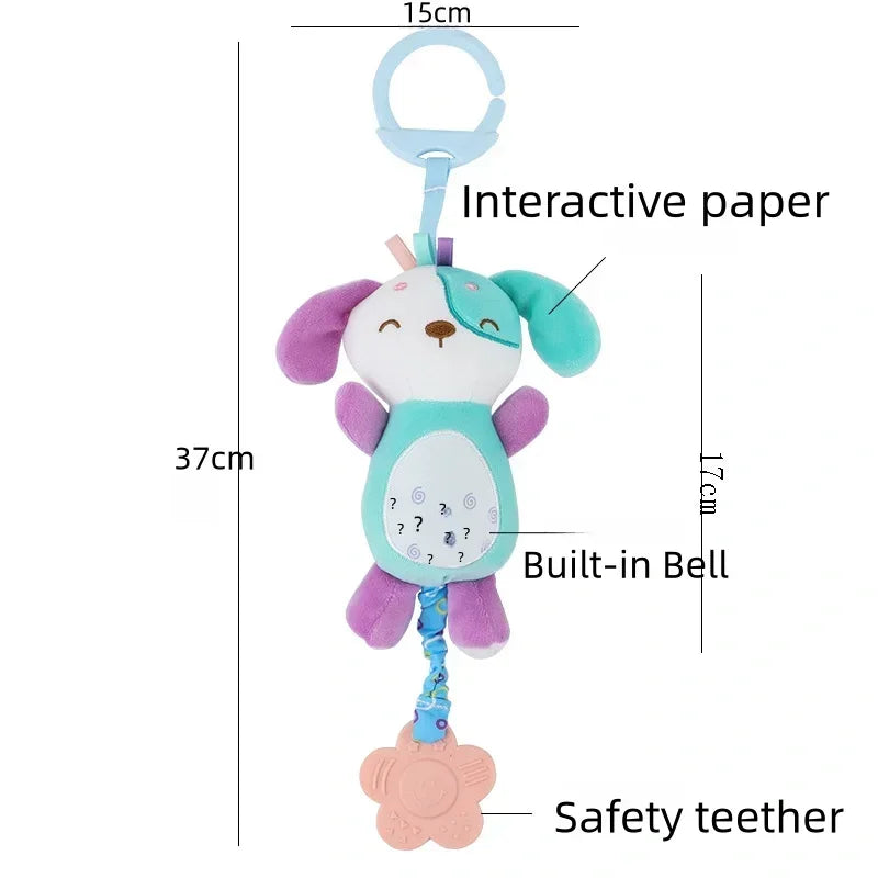 Soft stuffed animal rattle with colorful ears, built-in bell, and safety teether, designed for babies.
