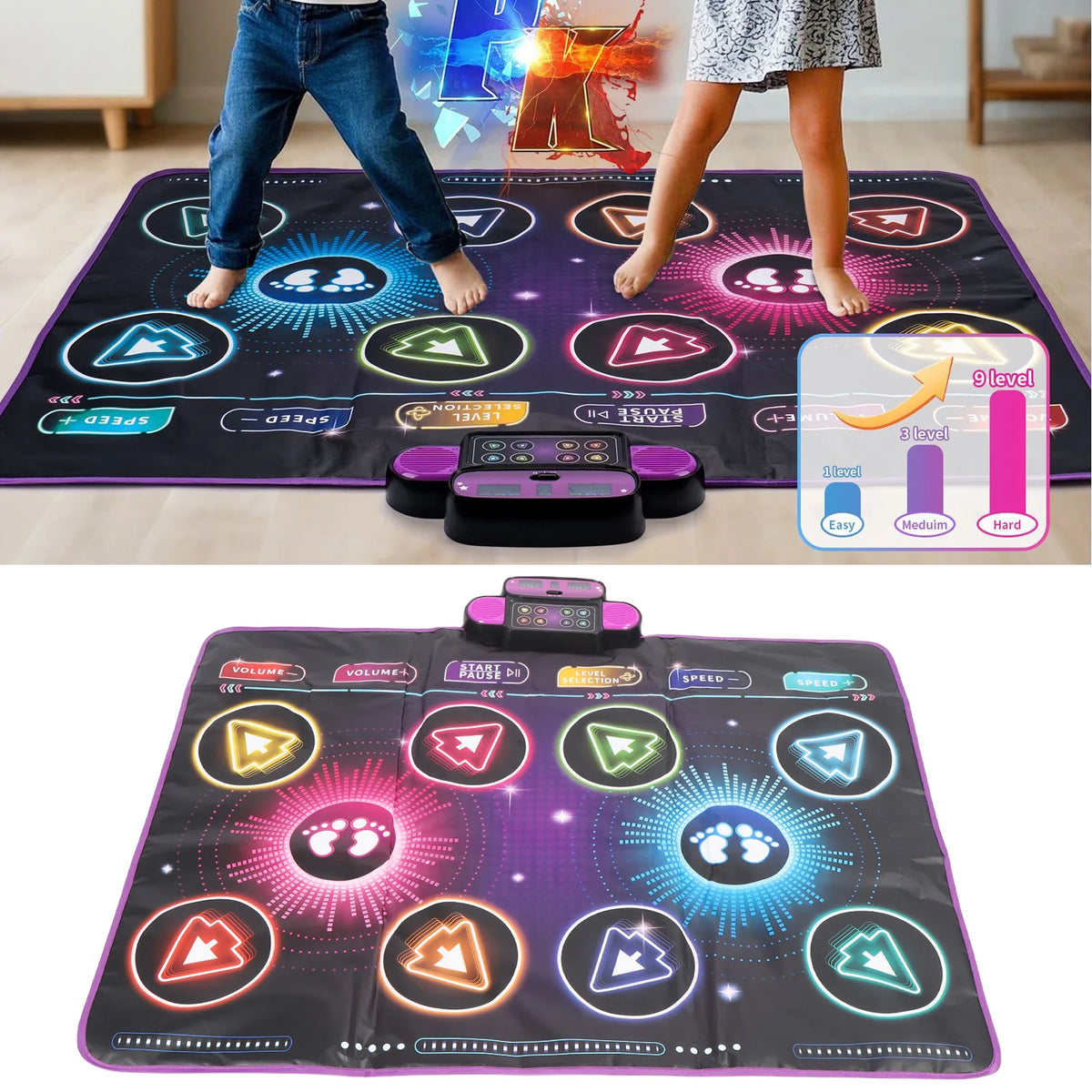Interactive dance game mat with colorful buttons, two players dancing, featuring music controls and levels.