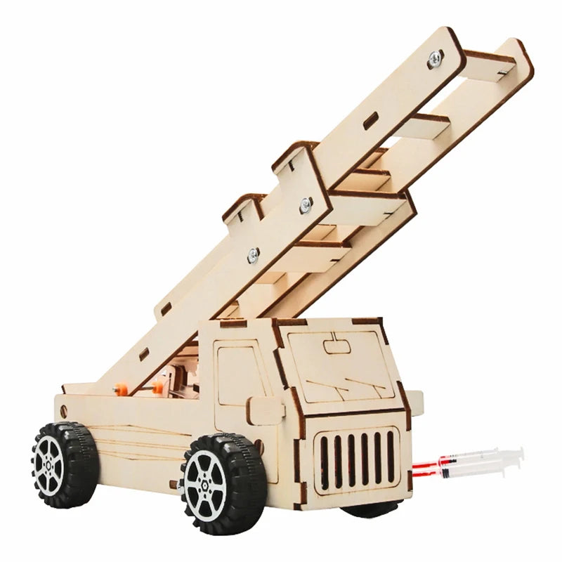 Wooden aerial ladder toy with wheels and a movable ladder, designed for educational STEM projects.