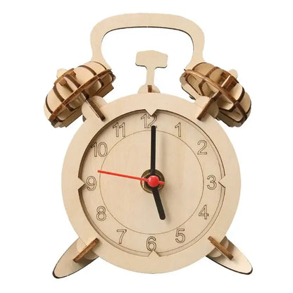 Wooden clock model with alarm bells, featuring a round face, black hands, and a red second hand.