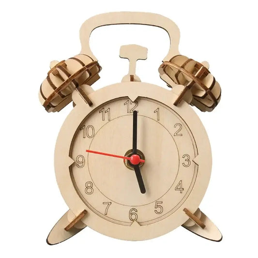 Wooden clock model with alarm bells, featuring a round face, black hands, and a red second hand.
