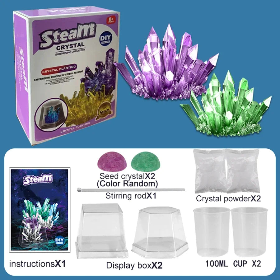 Two sets of colorful growable crystals in purple and green, with instruction booklet and supplies for DIY crystal planting.