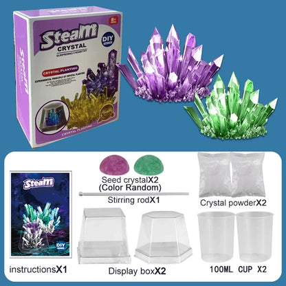 Two sets of colorful growable crystals in purple and green, with instruction booklet and supplies for DIY crystal planting.