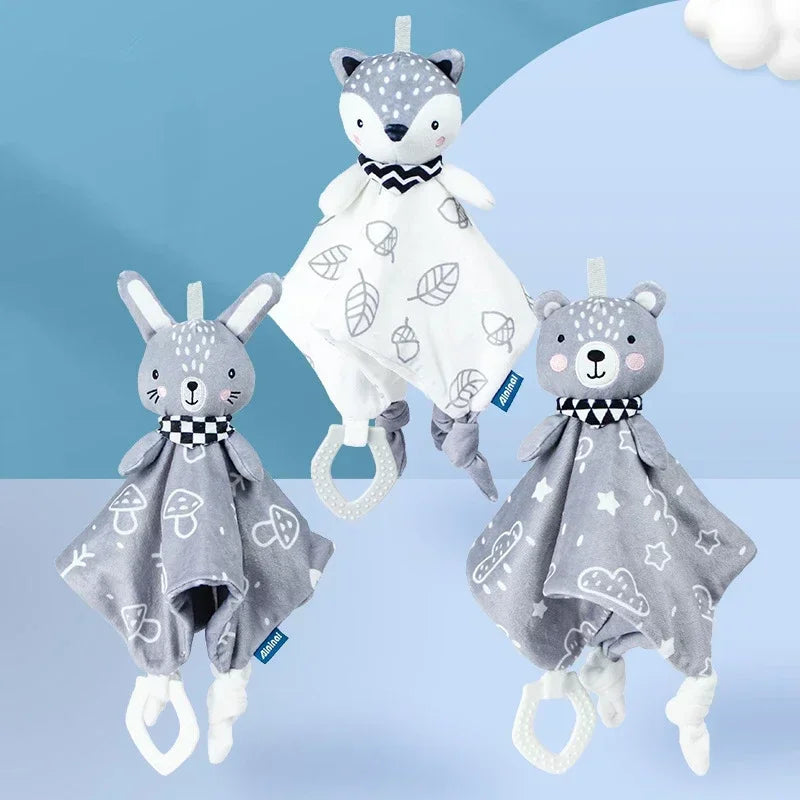 Three plush baby comforters featuring a bunny, a bear, and a fox, with gray and white patterns and soft textures.