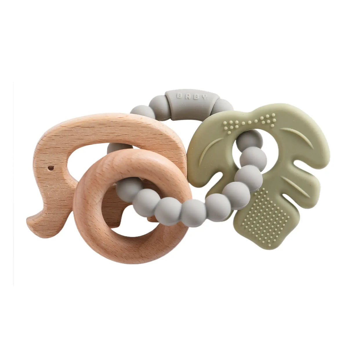 Silicone and wooden teether set featuring a palm leaf design and round ring, in soft green and natural wood tones.