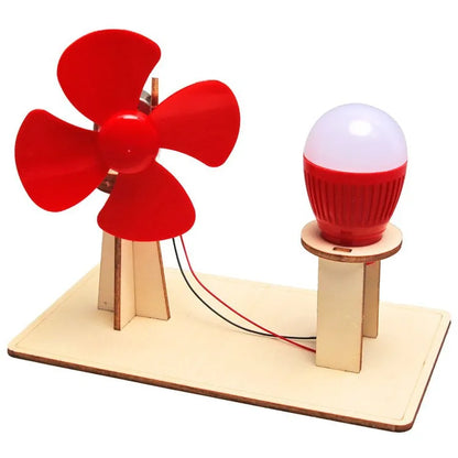 Red wind turbine with a light bulb on a wooden base, featuring wires connecting the components.