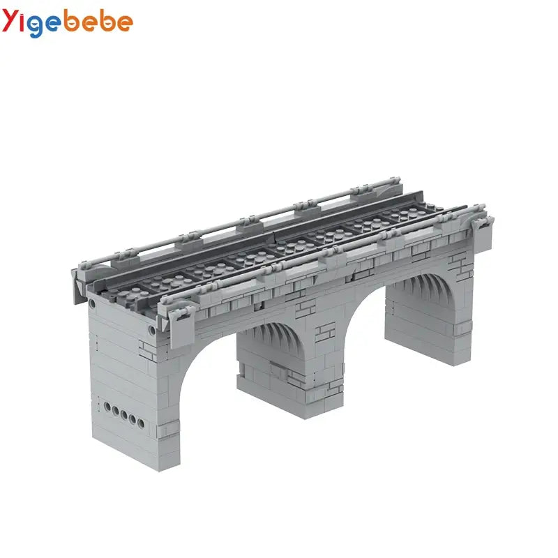Gray building block model of a traffic bridge viaduct with arches and train track on top.
