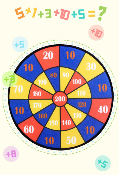 Colorful dart board with numbered sections in red, blue, yellow, and green, featuring math equations at the top.