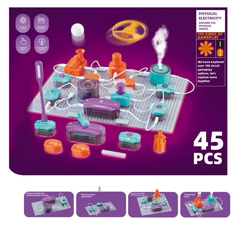 Colorful electronic building blocks set with various components for physics experiments, 45 pieces total.