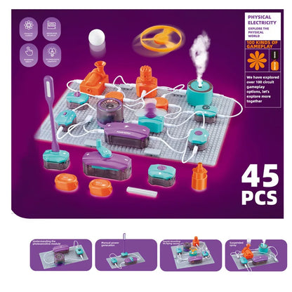Colorful electronic building blocks set with various components for physics experiments, 45 pieces total.