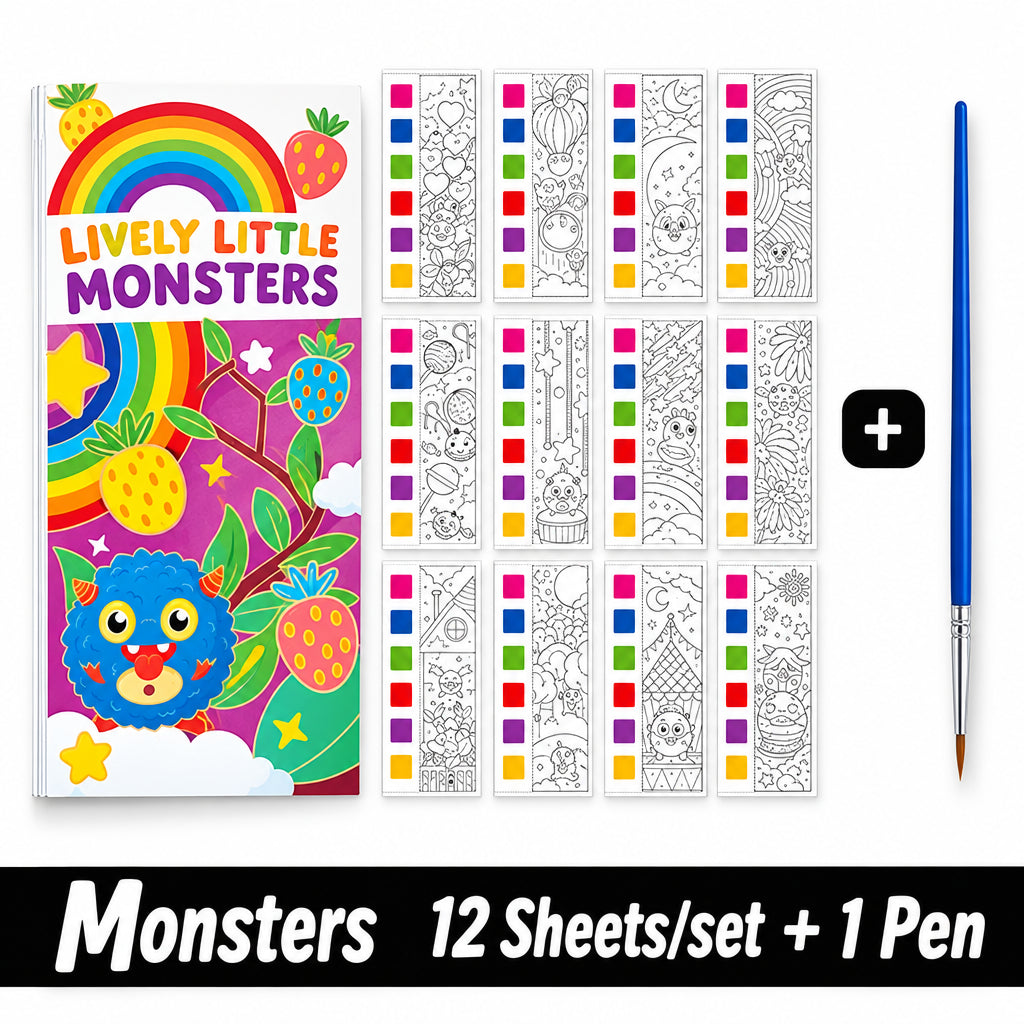 Portable watercolor painting book featuring colorful monster designs, includes 12 sheets and a paintbrush.