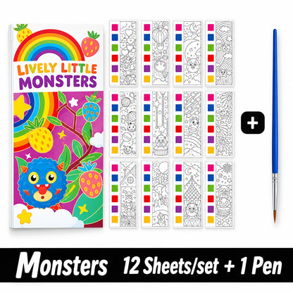 Portable watercolor painting book featuring colorful monster designs, includes 12 sheets and a paintbrush.