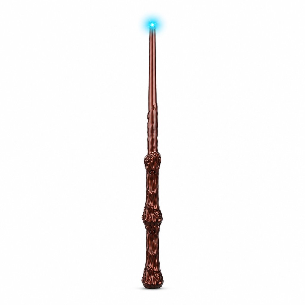 Twelve brown wooden-style toy wands with glowing blue tips, shown on a plain white background.