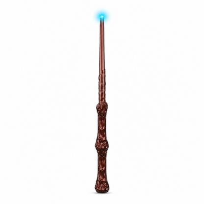 Twelve brown wooden-style toy wands with glowing blue tips, shown on a plain white background.
