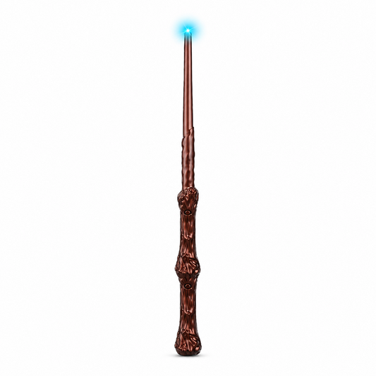 Twelve brown wooden-style toy wands with glowing blue tips, shown on a plain white background.