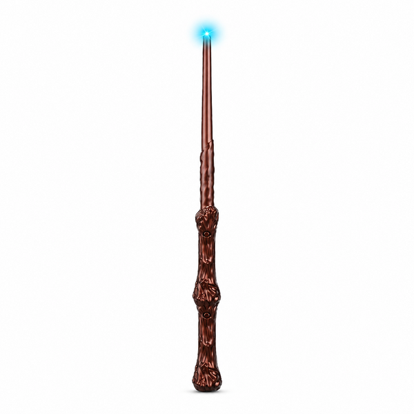 Twelve brown wooden-style toy wands with glowing blue tips, shown on a plain white background.