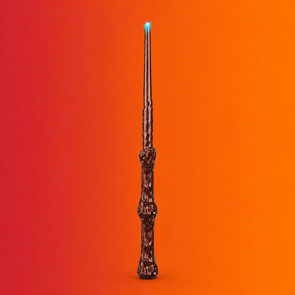 A dark brown textured wand with a glowing blue tip, centered vertically against a solid bright orange background.