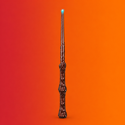 A dark brown textured wand with a glowing blue tip, centered vertically against a solid bright orange background.