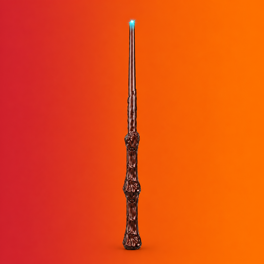 A dark brown textured wand with a glowing blue tip, centered vertically against a solid bright orange background.