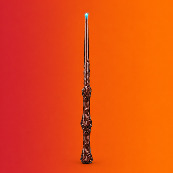 A dark brown textured wand with a glowing blue tip, centered vertically against a solid bright orange background.