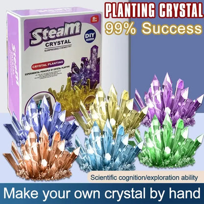 Colorful growable crystals in various shapes, with a box labeled 'Planting Crystal' and instructions for DIY crystal growth.