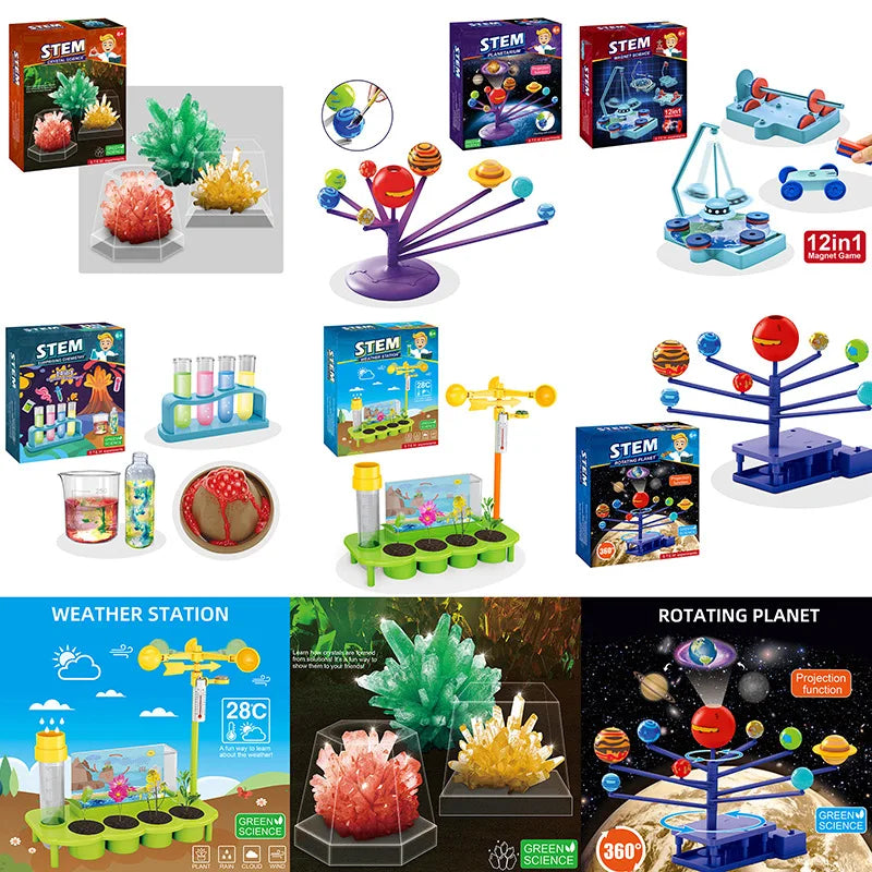 Colorful science experiment toys including volcano models, planets, and weather station kits in various arrangements.